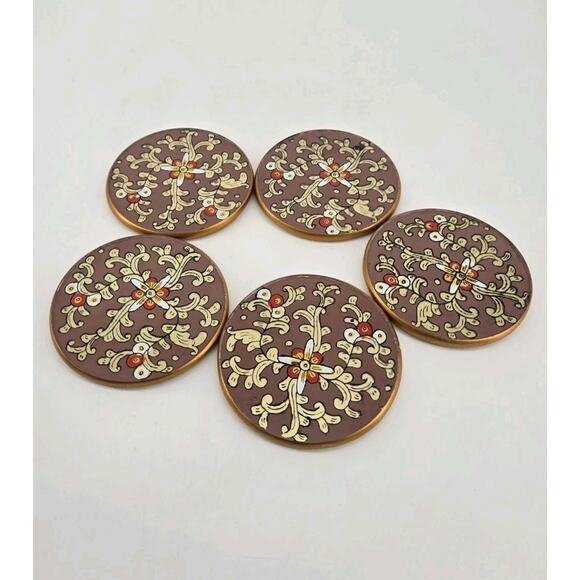 5 MCM Vintage Florentine Style Reverse Glass Painted Coasters Wood Back - Picture 4 of 7